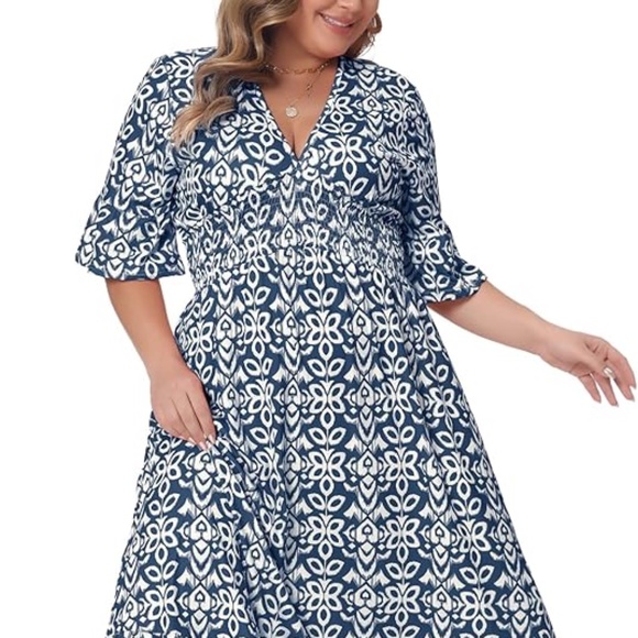 Agnes Orinda V Neck Bell Sleeve Ruffled Hem Boho ALine Long Dress 1X - Picture 1 of 9